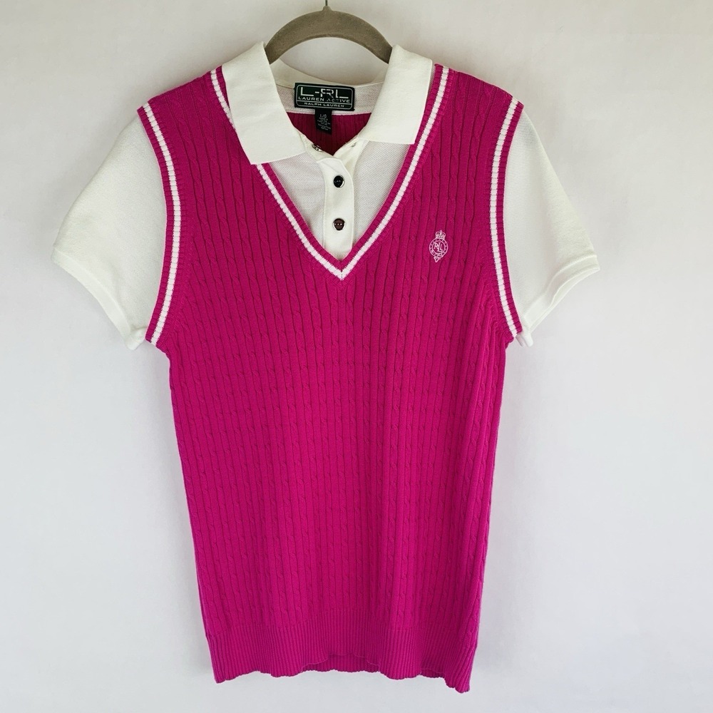 Ralph Lauren Womens Cable Knit Sweater Vest Shirt Large Pink Logo Tennis Preppy